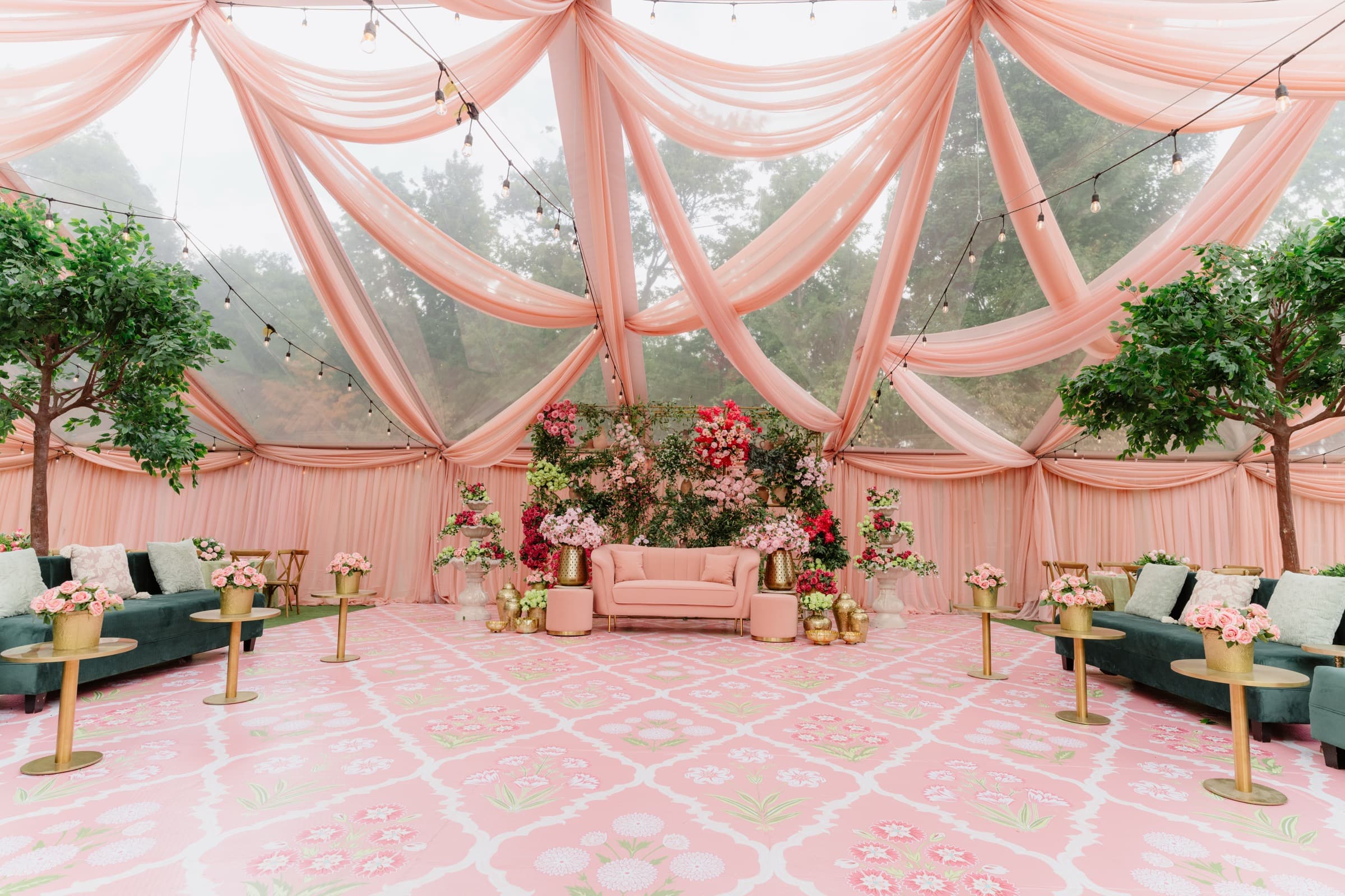 Elegant wedding reception with candlelight and cascading florals